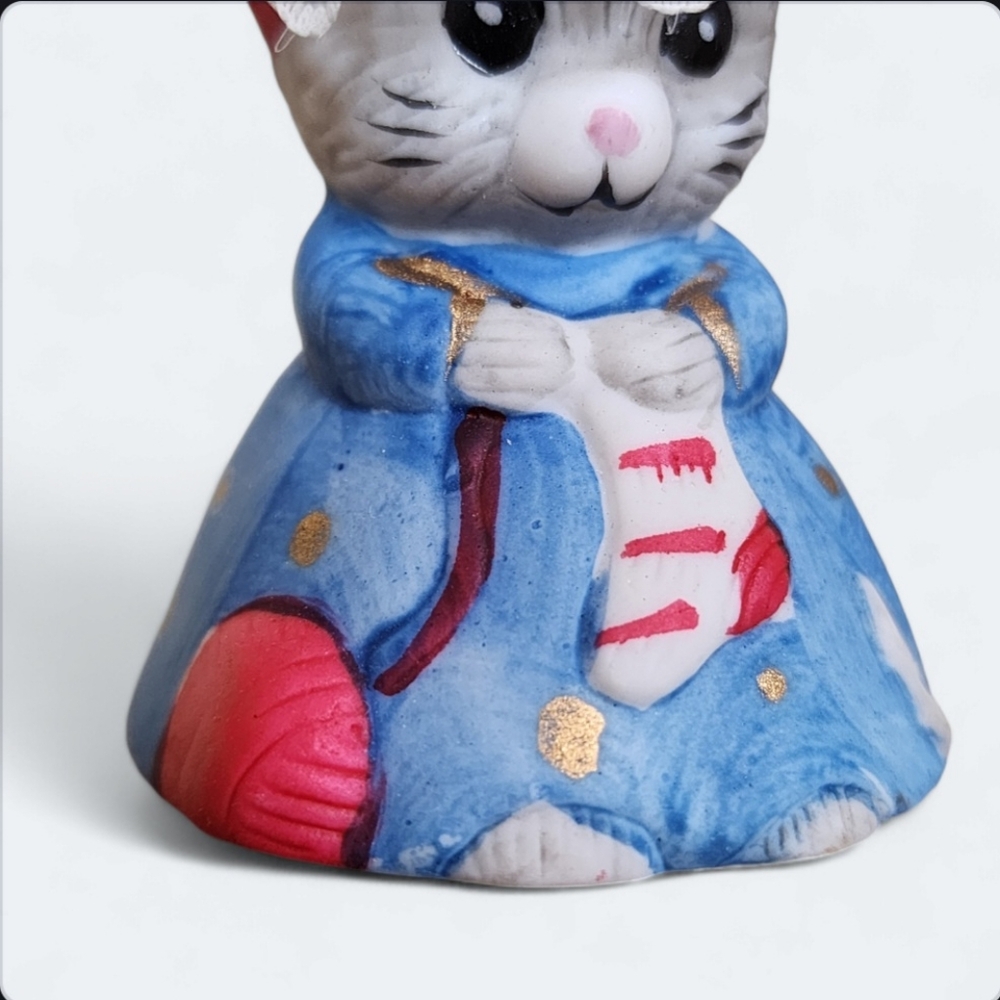Vintage Jasco Lil Chimer Knitting Mouse Christmas Ornament Bell Bisque Porcelain - Picture 5 of 10